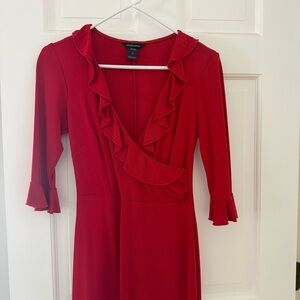 Elegant & Sexy Red Ruffle Dress w 3/4 sleeves and deep v-neck